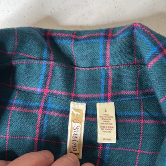 SUSINA Teal/Pink Plaid Womens Lightweight Lined Flannel Peacoat Jacket Sz L - Picture 10 of 11